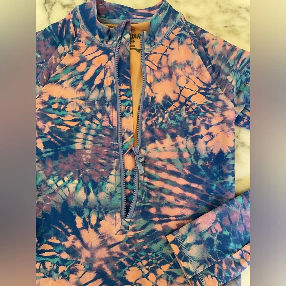EUC J crew Girls' tie-dye rash guard swimsuit Sz 8 Broken Zipper Customer Return
